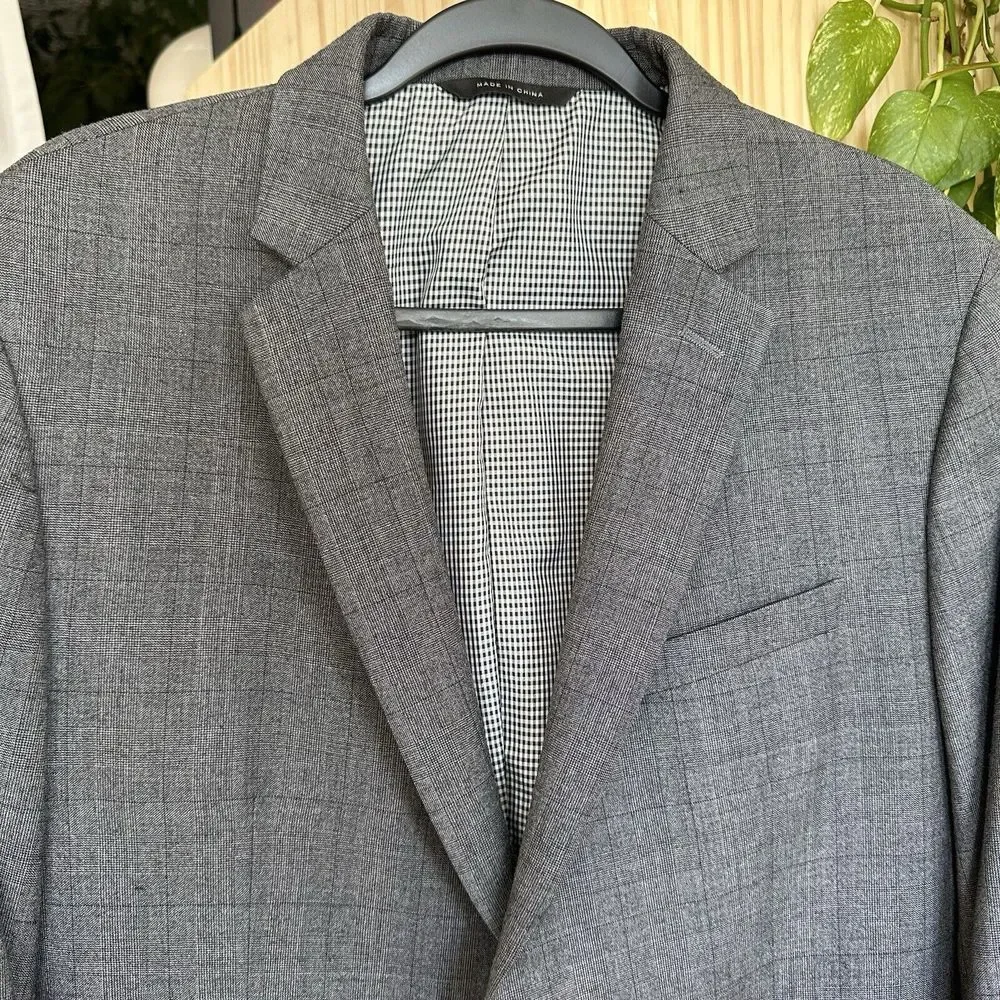 Banana‎ Republic Wool Modern Slim Fit Plaid Blazer 44L Long Suit Gray